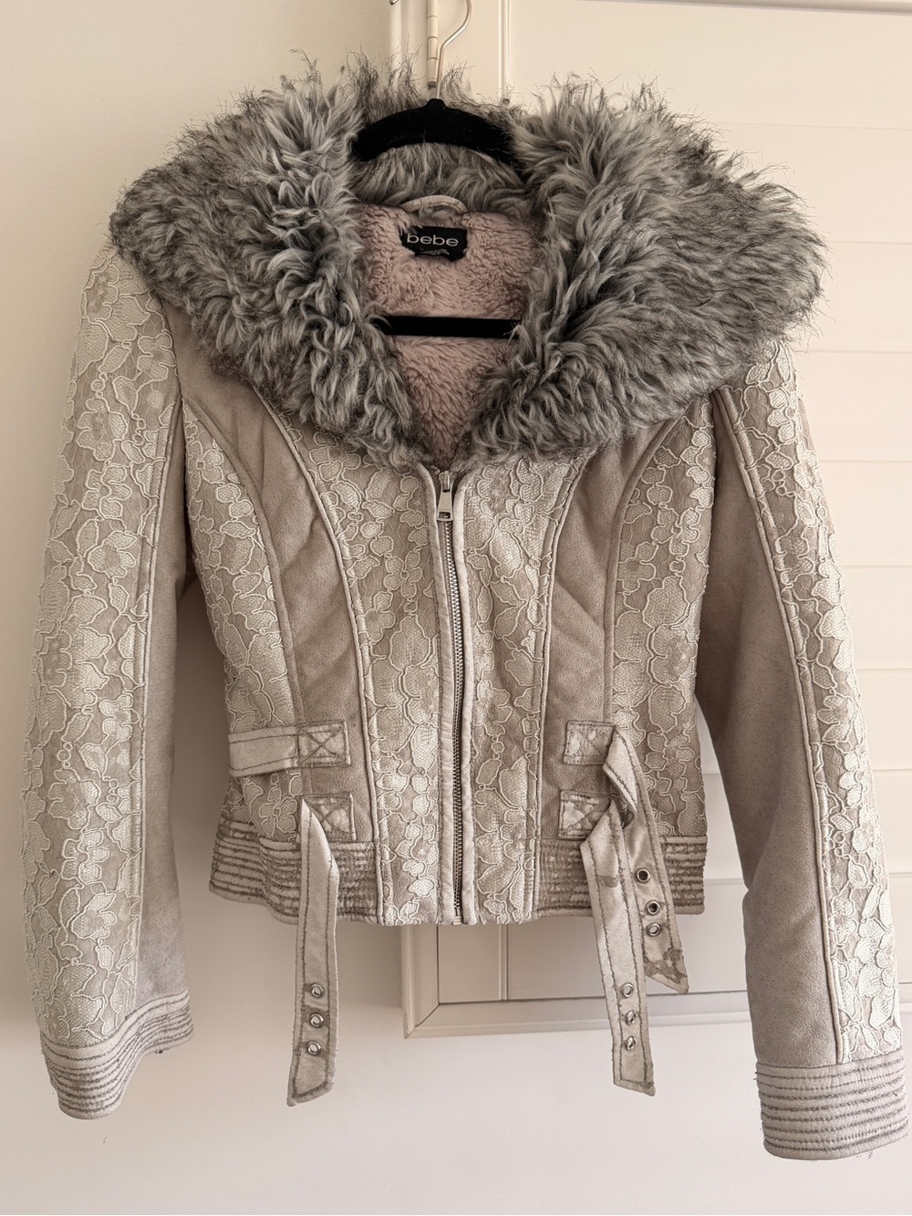 bebe Light Gray Faux Fur Collar Lace-Panel Leather Jacket